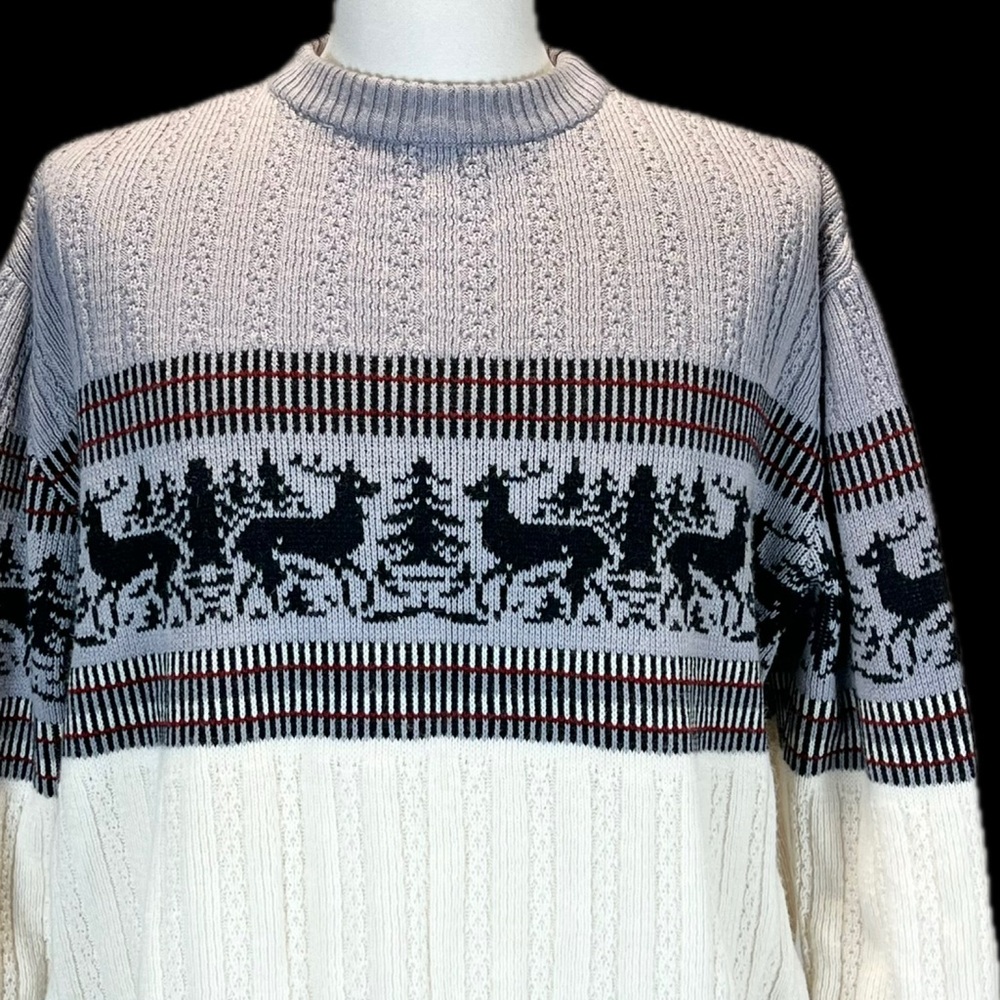 VINTAGE old school north wood fair isle deer pine tree forest cable knit sweater